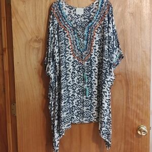 ZL Europe Boho Ikat Kimono Blouse Blue White Embroidered Lace-Up Tassels OS/2X